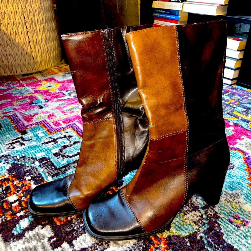 Brown patchwork 90s y2k square toe boots